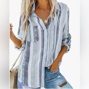 NWT Astylish Women V Neck Striped Roll up Sleeve Button Down Blouse Tops